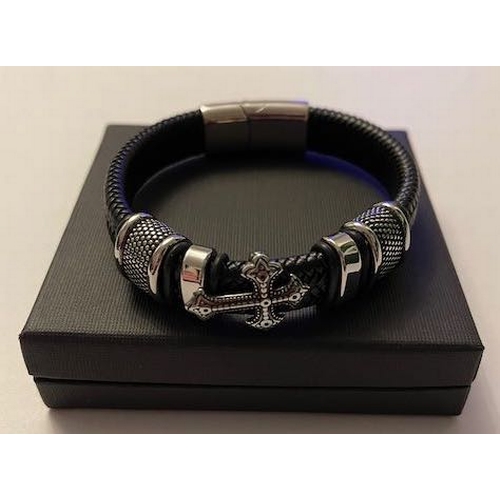 224 - Black Leather Bracelet with Cross