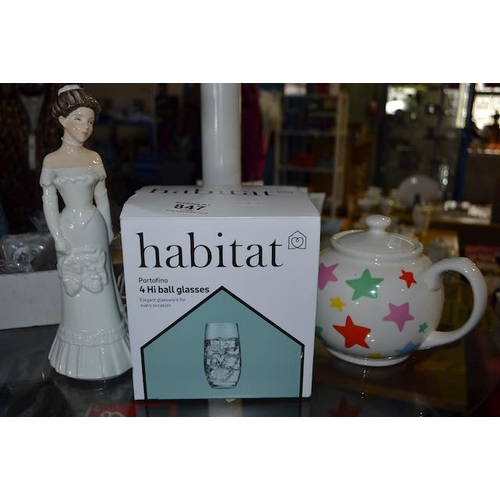 847 - Renaissance Lady Charlotte, Cath Kidston Teapot + Box of 4 Habitat Hi-Ball Glasses