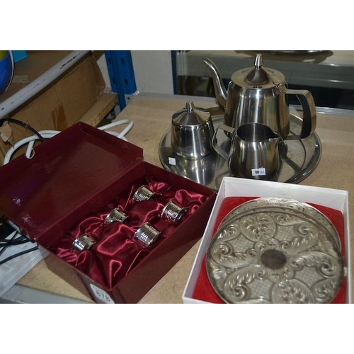 878 - Stainless Steel Tea Service + Napkin Rings + Silver Plated Coasters