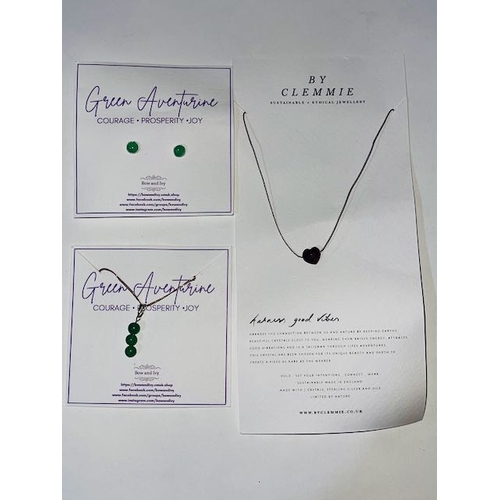 287 - Green Aventuring Earrings & Necklace + Heart Gemstone Necklace