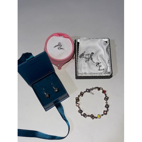 291 - Silver E Pendant Necklace + S Ring + Silver Earrings + Colourful Cube Bracelet