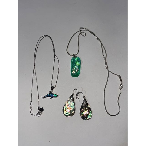 293 - Silver Mother Of Pearl Earrings + Silver Shark Pendant Necklace + Colourful Pendant Necklace