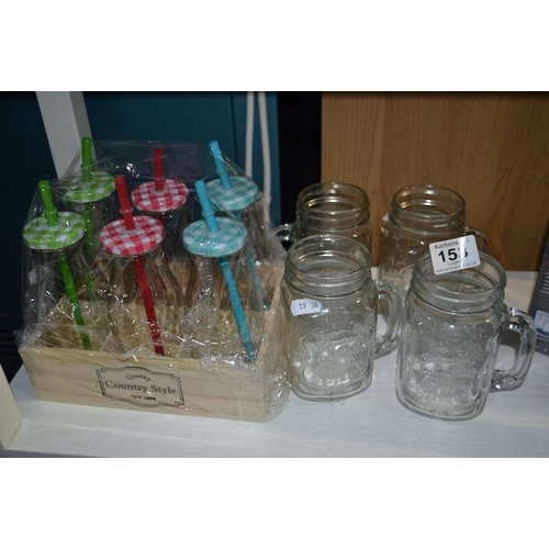 153 - 4 x Mason Jars + Crate Of 6 x Bottles With Straws