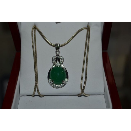 26 - Ornate Green Stone Pendant Necklace on Silver Chain