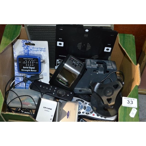 33 - Box Of Assorted Electricals Incl Remotes & Film Scanner