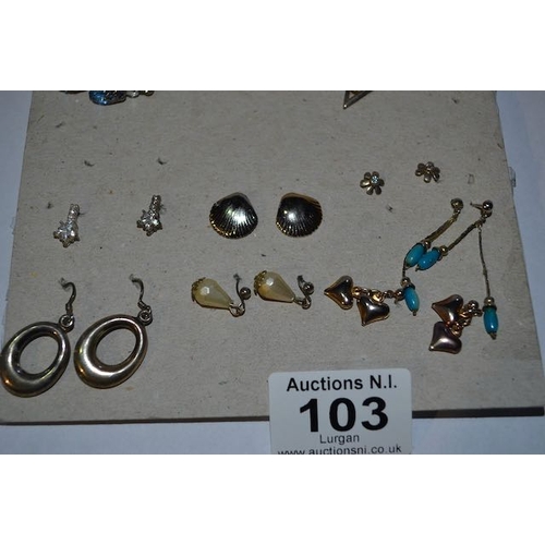 103 - Sheet of 17 Pairs of Earrings Incl Silver