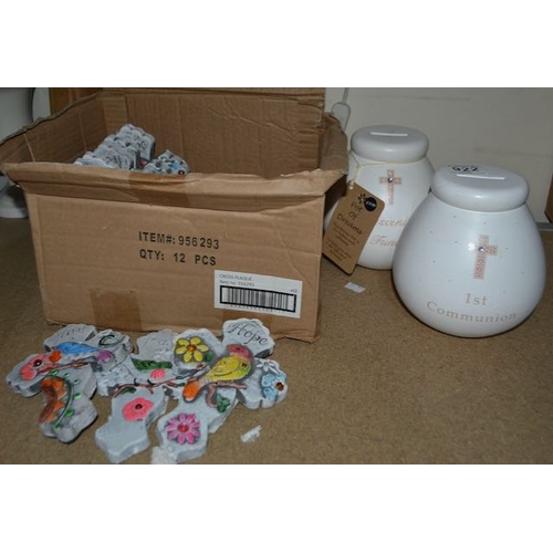 922 - Collection Of Cross Plaques + 2 x Ceramic Pot Of Dreams Money Boxes