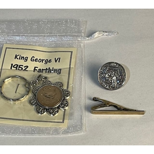 736 - King George VI 195 Farthing Keyring + 1947 Shilling Badge + Gold On Silver Tie Clip