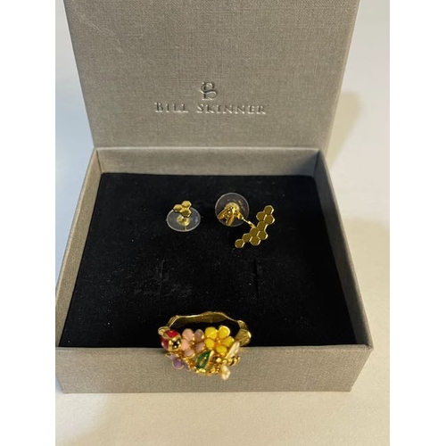 682 - Bill Skinner Enamel Bee & Flowers Ring + Bee & Honeycomb Earrings