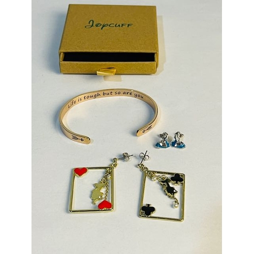 794 - Joycuff 'Life is Tough but So Are You' Bangle + 2 Pairs of Disney Alice in Wonderland Earrings