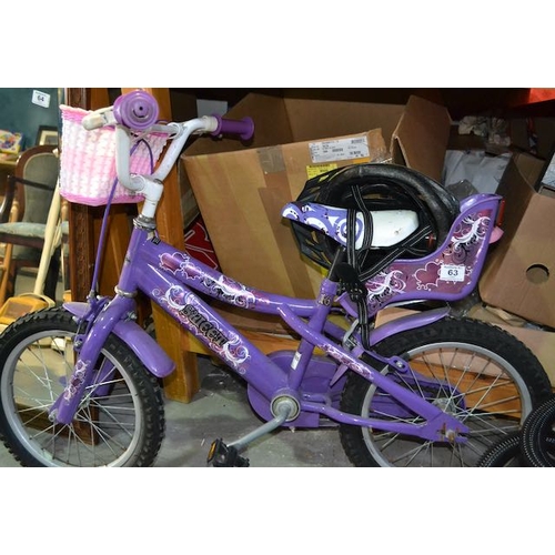 63 - Kids Purple Sweet Bike With Basket & Bell