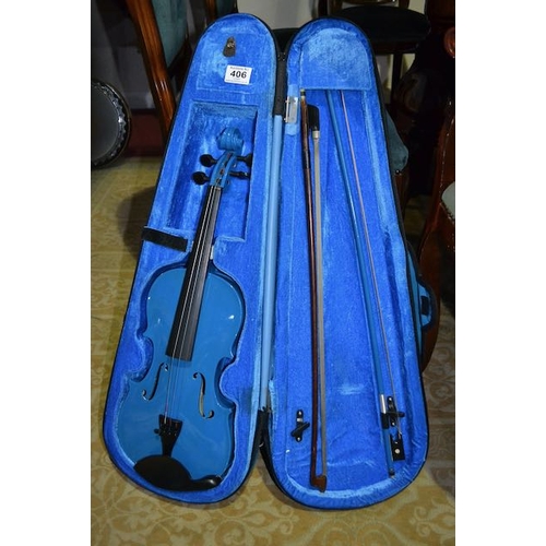 406 - Gear 4 3/4 Size Blue Violin in Case with 2 Bows