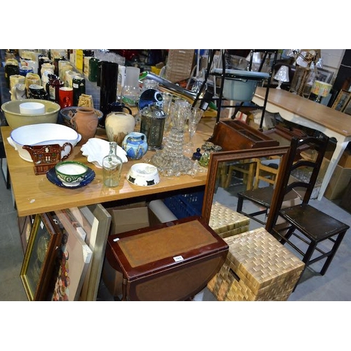 165 - Large Table Lot Of Collectables Incl Wine Glasses, Vintage Mirror, & Inlaid Drop-leaf Table