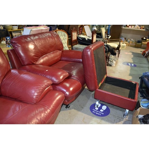 277 - Red Leather 2 + 1 Suite + Storage Footstool