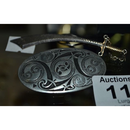 115 - Pewter Celtic Brooch + Imitation Stratton Sword Brooch