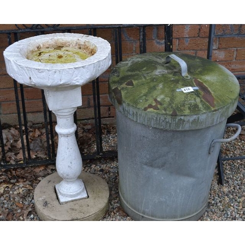 416 - Metal Bin With Lid + Stone Bird Bath