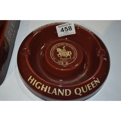 458 - Large Ceramic French Martell Cognac Ashtray + Wade Ceramic Highland Queen Scotch Whisky Ashtray