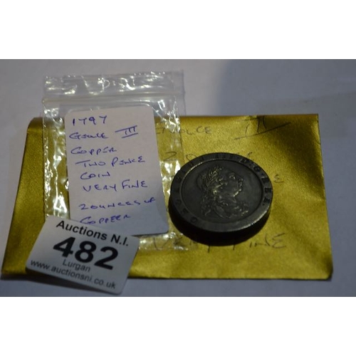 482 - 1797 George III Copper Two Pence Coin - High Grade - Very Light Wear Very Fine Condition - 2 Ounces ... 