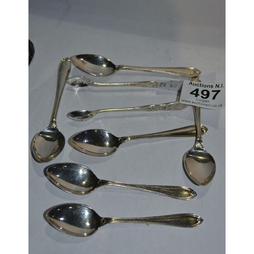 497 - Set of 6 Silver Teaspoons + Silver Sugar Tongs