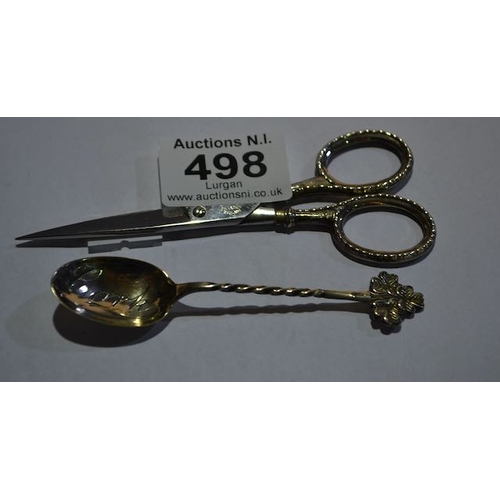 498 - Ornate Silver Shamrock Detail Spoon + Silver Handled Scissors