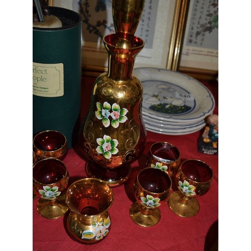 541 - Italian Ruby Glass Gilted Decanter & Glasses