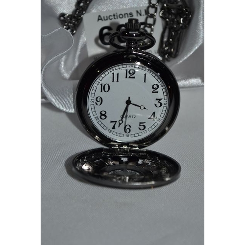 605 - Ornate Compass Detail Pocket Watch on Chain in Presentation Box