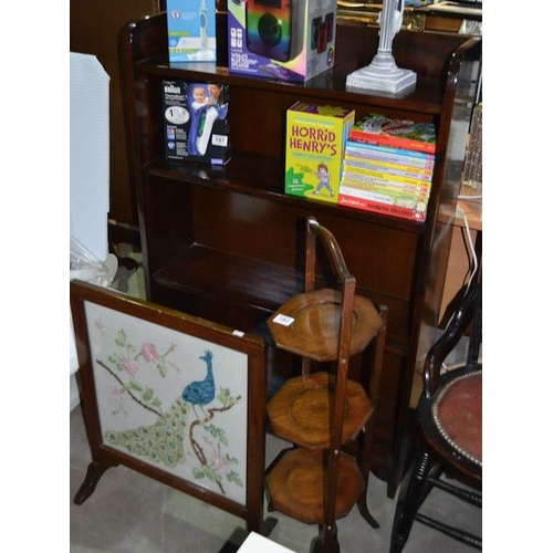 192 - Folding 3 Tier Cake Stand + Peacock Firescreen + 4 Tier Bookcase
