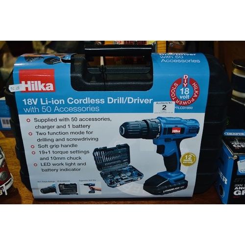 2 - Hilka 18v Li-ion Cordless Drill/Driver With 50 Accessories - Unused