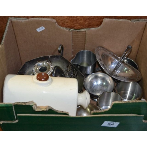 54 - Collection Of Silver Plate + Vintage Cermaic Hot Water Bottle + Stainless Steel Tea Trio