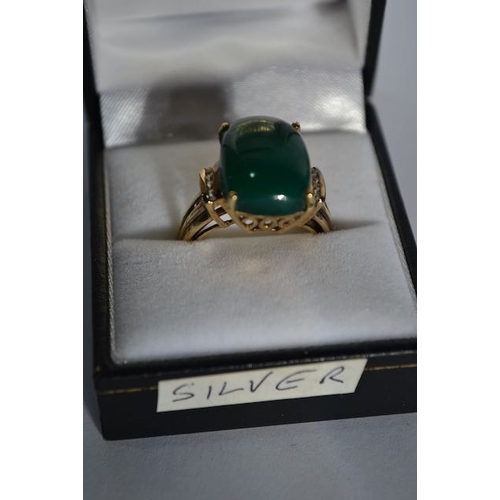 152 - Silver Gold Plated Large Green Stone Ring