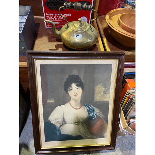 28 - Brass Kettle + Framed Vintage Lady Picture