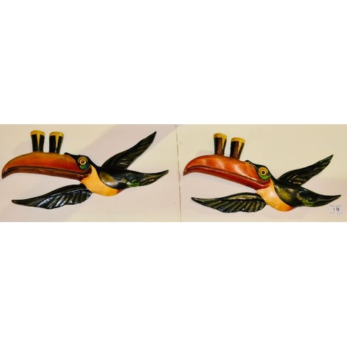 19 - Pair of Large Wooden Flying Toucans - Each Appx 13