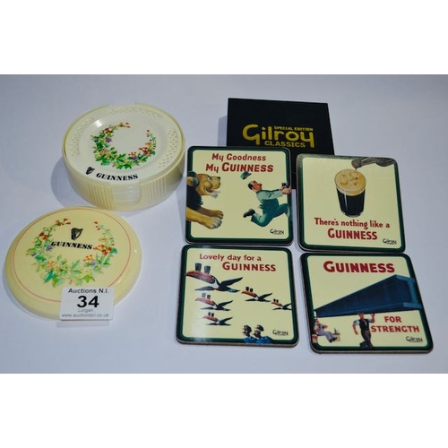 34 - Set of 6 Guinness Floral Coasters in Case + Boxed Set of 4 Special Edition Gilroy Classics Coasters