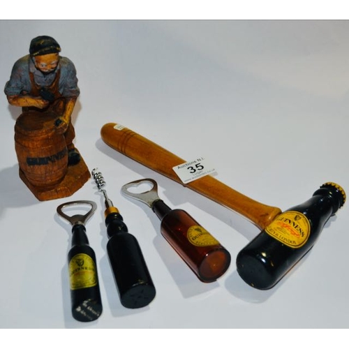 35 - Wooden Guinness Gavel c1960s, 3x Guinness Bottle Opener + Wood Carving Guinness Blacksmith