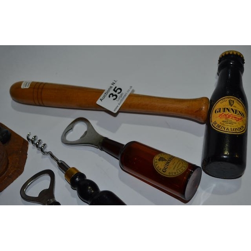 35 - Wooden Guinness Gavel c1960s, 3x Guinness Bottle Opener + Wood Carving Guinness Blacksmith