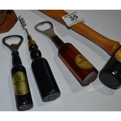 35 - Wooden Guinness Gavel c1960s, 3x Guinness Bottle Opener + Wood Carving Guinness Blacksmith