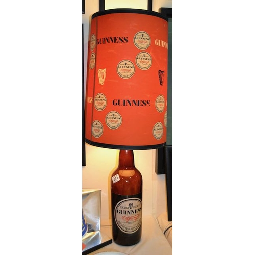 231 - Large Guinness Bottle Base Lamp with Red Shade Decorated in Labels & Harps - 36x12