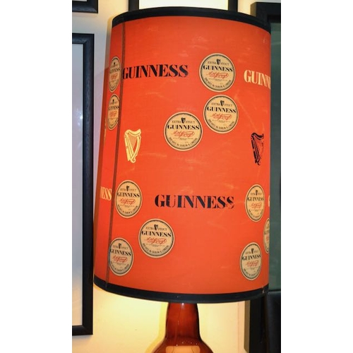 231 - Large Guinness Bottle Base Lamp with Red Shade Decorated in Labels & Harps - 36x12