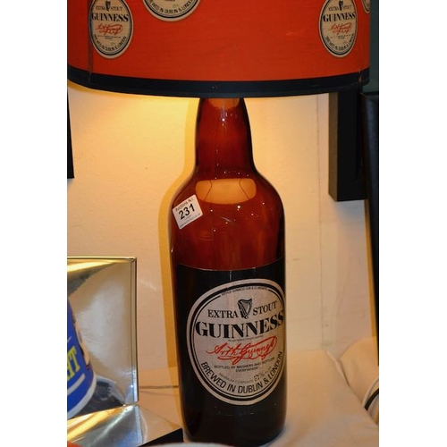 231 - Large Guinness Bottle Base Lamp with Red Shade Decorated in Labels & Harps - 36x12