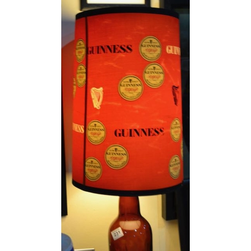 231 - Large Guinness Bottle Base Lamp with Red Shade Decorated in Labels & Harps - 36x12