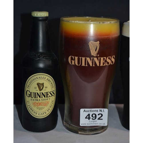 492 - Guinness Pint Candle, Guinness Bottle + Pint Squeezers + Plastic Pint of Guinness