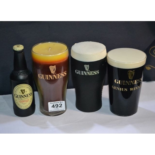 492 - Guinness Pint Candle, Guinness Bottle + Pint Squeezers + Plastic Pint of Guinness