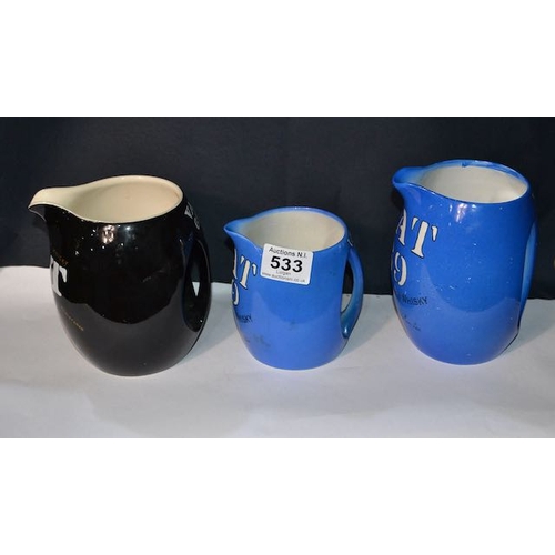 533 - Blue James Green & Nephew VAT 19 Jug x2 + Black Wade VAT 19 Jug