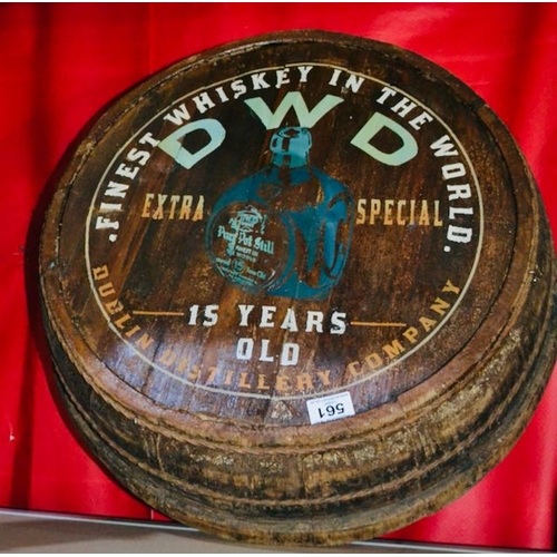 561 - DWD Finest Whiskey in the World Barrel Top Advertising Sign - Appx 20