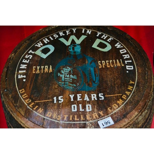 561 - DWD Finest Whiskey in the World Barrel Top Advertising Sign - Appx 20