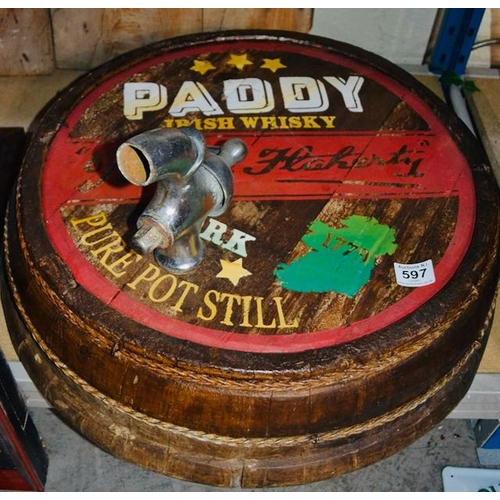 597 - Paddy Irish Whiskey Barrel Top Advertising Sign with Tap - Appx 23