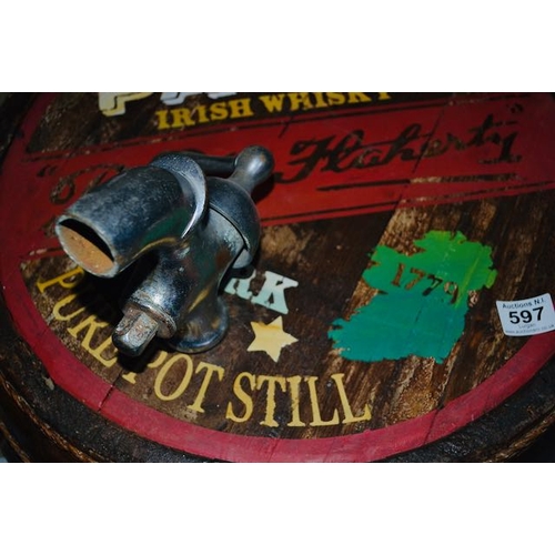 597 - Paddy Irish Whiskey Barrel Top Advertising Sign with Tap - Appx 23