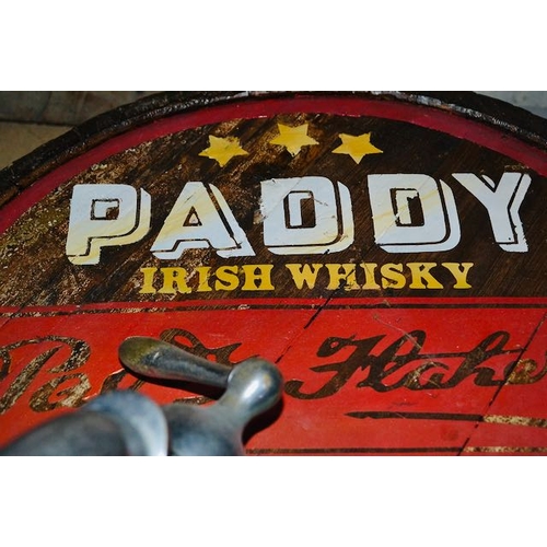 597 - Paddy Irish Whiskey Barrel Top Advertising Sign with Tap - Appx 23