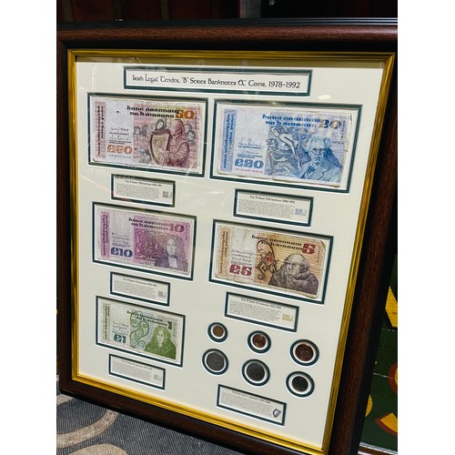 651 - Framed Original Irish Legal Tender 'B' Series Banknote & Coin Presentation c1978-1992