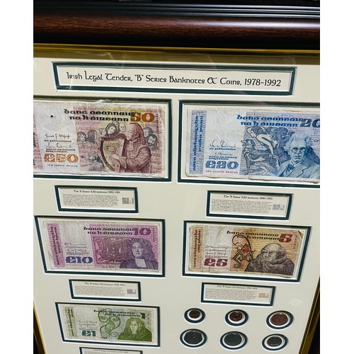 651 - Framed Original Irish Legal Tender 'B' Series Banknote & Coin Presentation c1978-1992